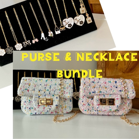 Handbags - Mini Tweed Crossbody Purse & Necklace